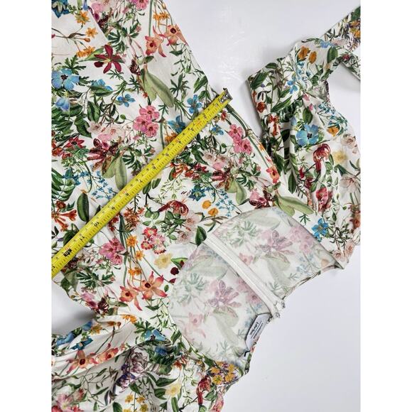 Dainty Floral Mini Dress linen floral Botanical Print Puff Sleeve 4 XS - Picture 10 of 16
